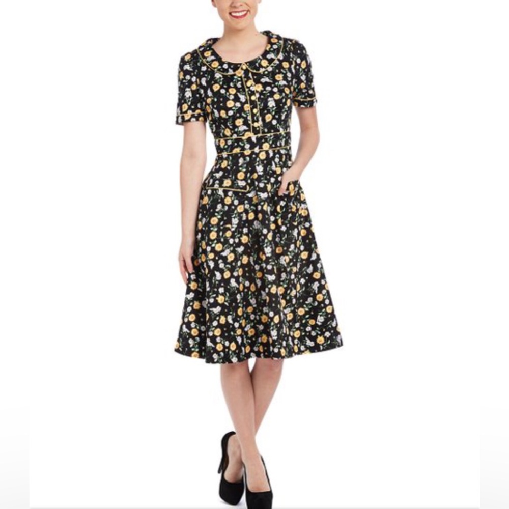 Lindy Bop “Rhonda” A-line dress in black floral (1505)